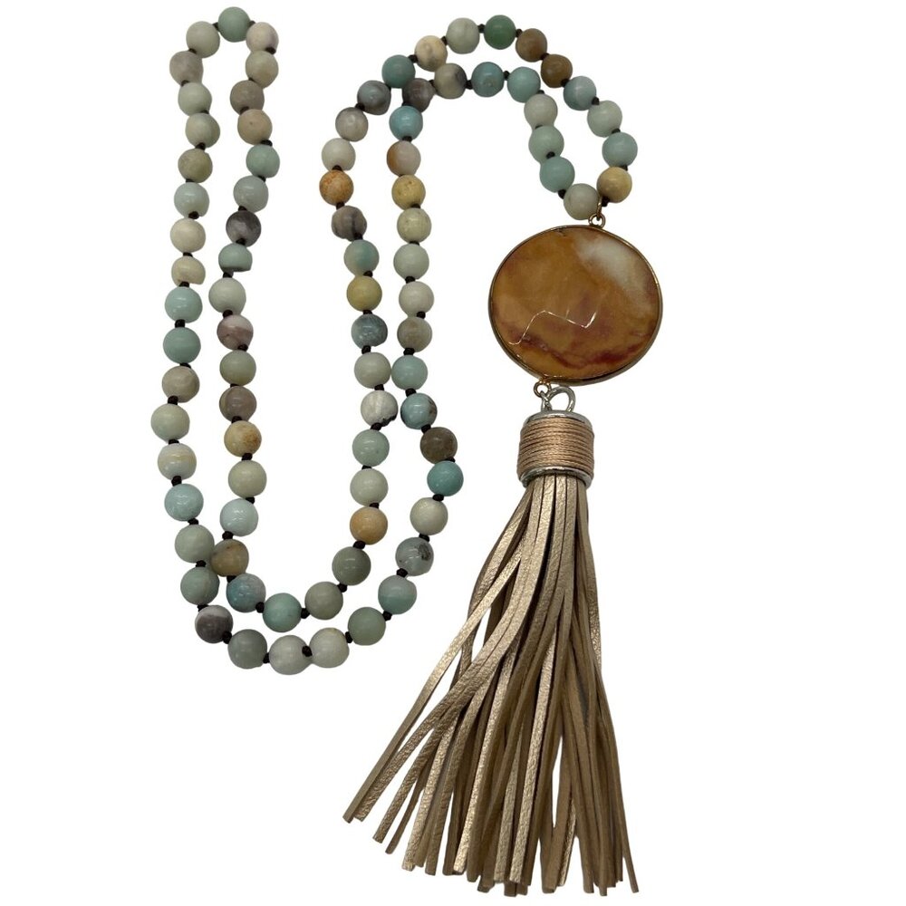 Amazonite Bead Necklace With Agate Pendant & Tan Leather Tassel No Clasp 32"